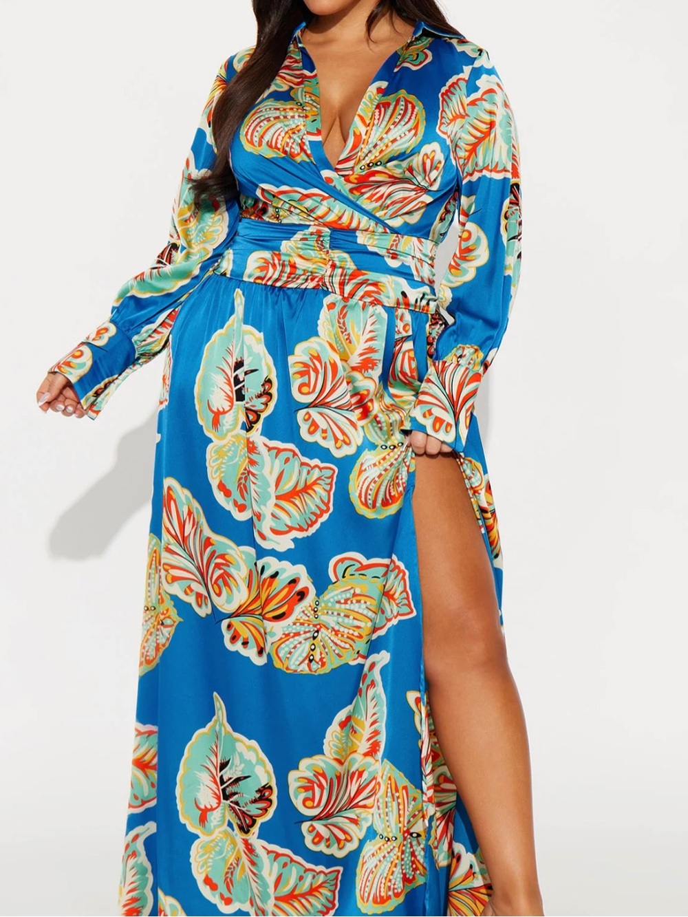 Blue Floral Wrap Maxi Dress with High Slit